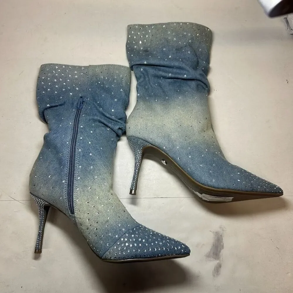 Thalia Sodi Women 6 M Denim Rhinestone Raquell Slouch Pointed Toe Boots NIB QJ3